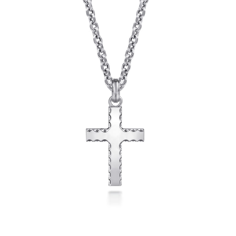22 Inch 925 Sterling Silver Beveled Trim Cross Pendant Necklace - Shot 1
