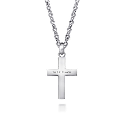 22 Inch 925 Sterling Silver Beveled Trim Cross Pendant Necklace