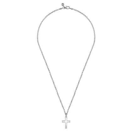 22 Inch 925 Sterling Silver Beveled Trim Cross Pendant Necklace