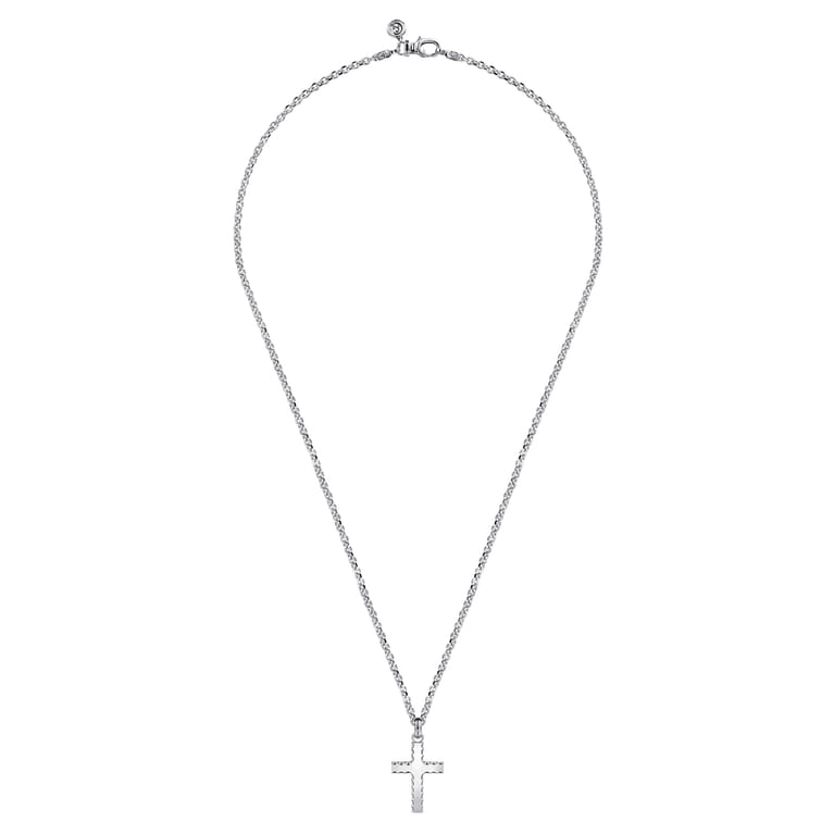 22 Inch 925 Sterling Silver Beveled Trim Cross Pendant Necklace - Shot 3