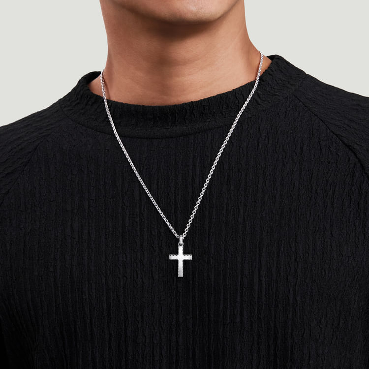 22 Inch 925 Sterling Silver Beveled Trim Cross Pendant Necklace