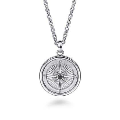 22 Inch 925 Sterling Silver Black Spinel Compass Pendant Necklace