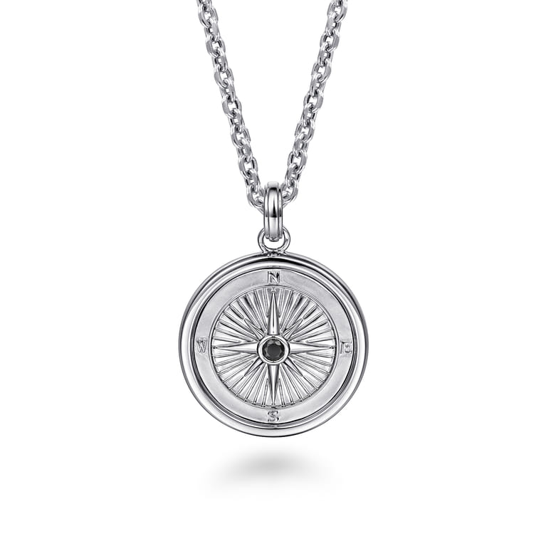 22 Inch 925 Sterling Silver Black Spinel Compass Pendant Necklace - Shot 1