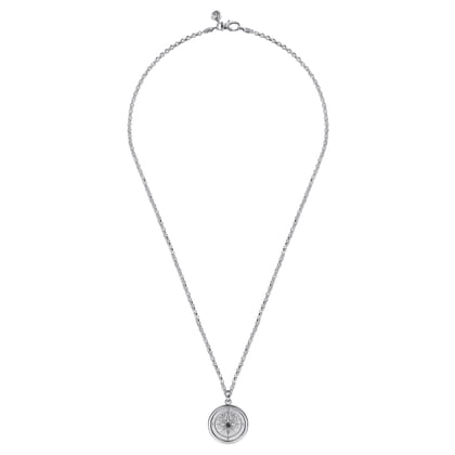 22 Inch 925 Sterling Silver Black Spinel Compass Pendant Necklace