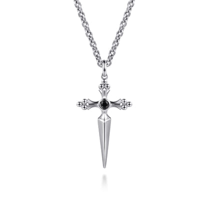 22 Inch 925 Sterling Silver Black Spinel Dagger Pendant Necklace