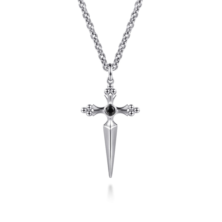 22 Inch 925 Sterling Silver Black Spinel Dagger Pendant Necklace - Shot 1