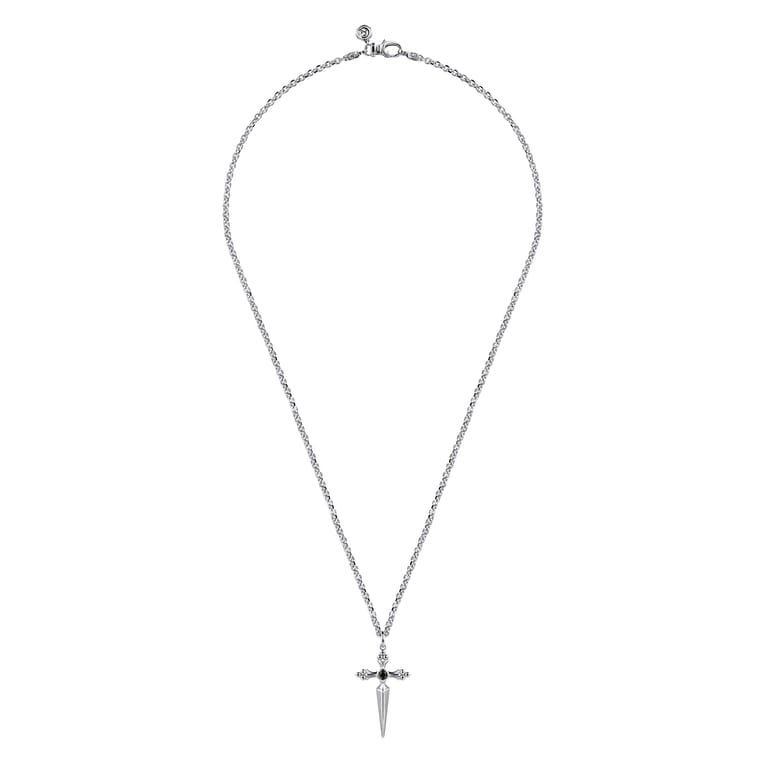 22 Inch 925 Sterling Silver Black Spinel Dagger Pendant Necklace - Shot 3