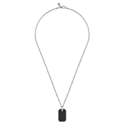22 Inch 925 Sterling Silver Black Spinel Dog Tag Pendant Necklace