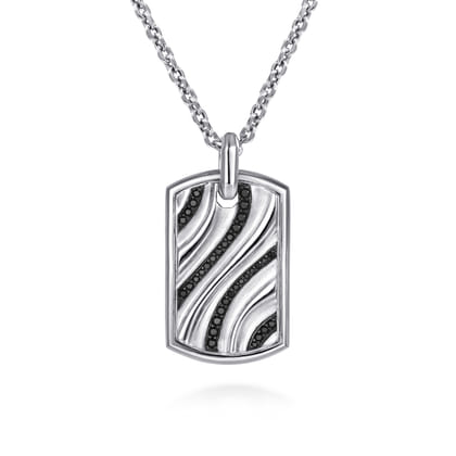 22 Inch 925 Sterling Silver Black Spinel Dog Tag Pendant Necklace