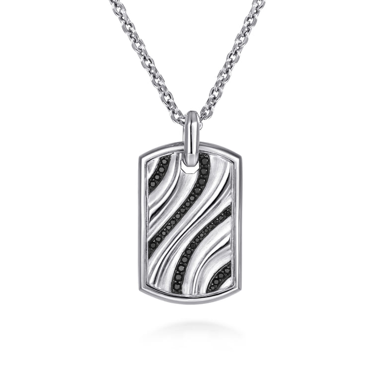 22 Inch 925 Sterling Silver Black Spinel Dog Tag Pendant Necklace - Shot 1