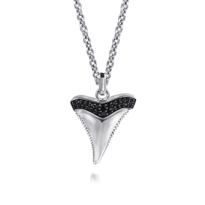 22 Inch 925 Sterling Silver Black Spinel Shark Tooth Pendant Necklace