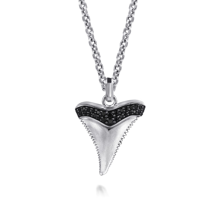22 Inch 925 Sterling Silver Black Spinel Shark Tooth Pendant Necklace - Shot 1