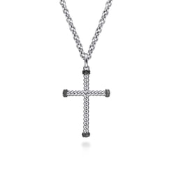22 Inch 925 Sterling Silver Black Spinel Twisted Rope Cross Pendant Necklace