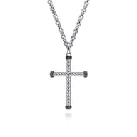 22 Inch 925 Sterling Silver Black Spinel Twisted Rope Cross Pendant Necklace