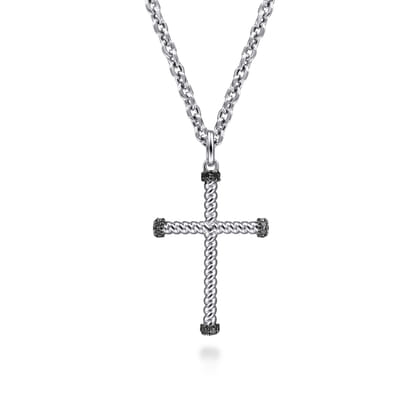 22 Inch 925 Sterling Silver Black Spinel Twisted Rope Cross Pendant Necklace