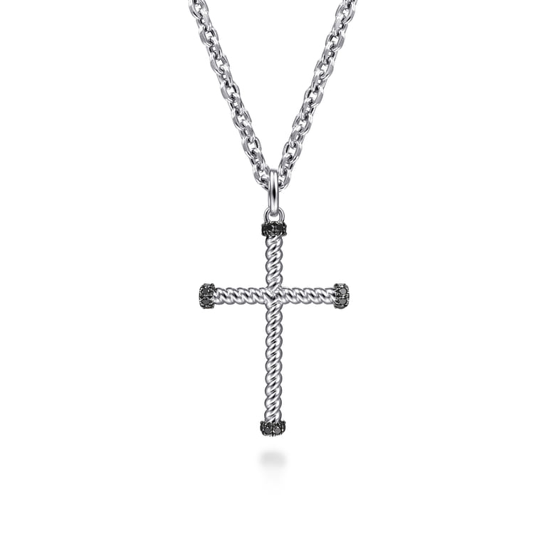 22 Inch 925 Sterling Silver Black Spinel Twisted Rope Cross Pendant Necklace - Shot 1