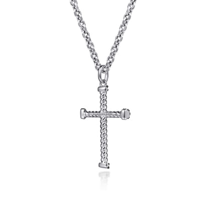 22 Inch 925 Sterling Silver Black Spinel Twisted Rope Cross Pendant Necklace