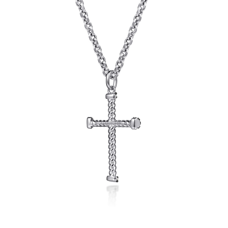 22 Inch 925 Sterling Silver Black Spinel Twisted Rope Cross Pendant Necklace - Shot 2