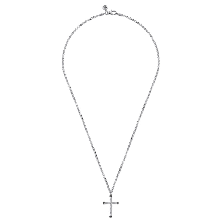 22 Inch 925 Sterling Silver Black Spinel Twisted Rope Cross Pendant Necklace - Shot 3
