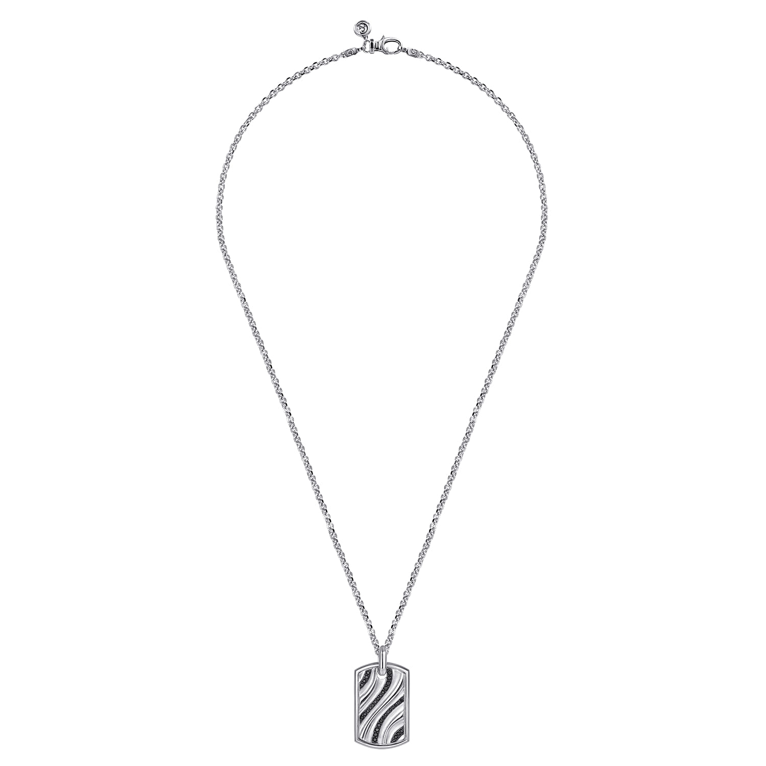 22 Inch 925 Sterling Silver Black Spinel Wave Dog Tag Pendant