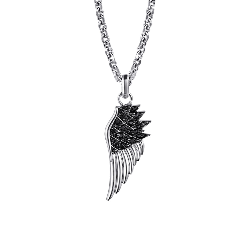 22 Inch 925 Sterling Silver Black Spinel Wing Pendant Necklace