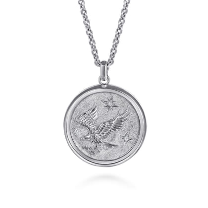 22 Inch 925 Sterling Silver Diamond Eagle Medallion Pendant Necklace