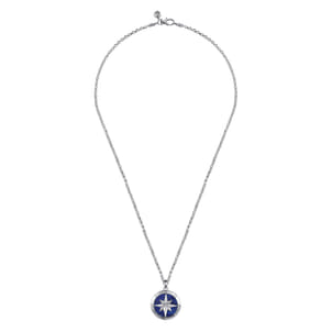 22 Inch 925 Sterling Silver Diamond and Lapis Compass Pendant Necklace