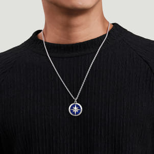 22 Inch 925 Sterling Silver Diamond and Lapis Compass Pendant Necklace