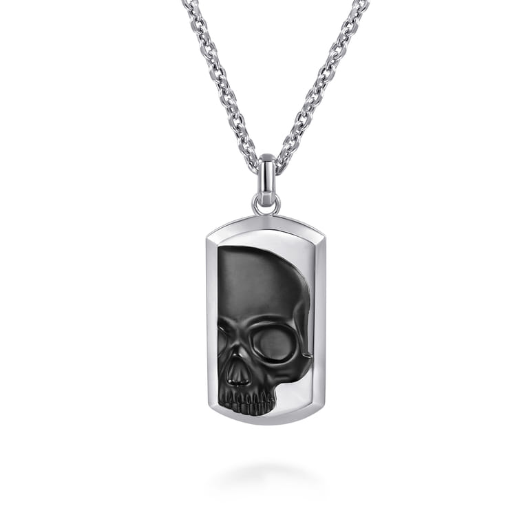 22 Inch 925 Sterling Silver Dog Tag Pendant Necklace with Skull - Shot 1