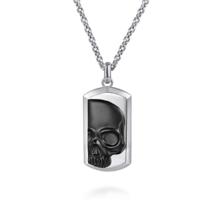 22 Inch 925 Sterling Silver Dog tag Pendant Necklace With Skull