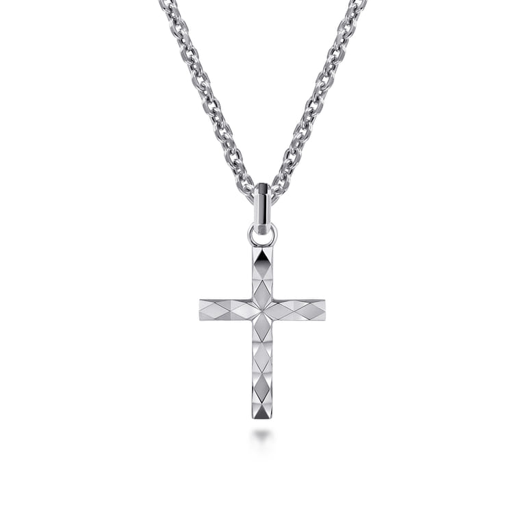 22 Inch 925 Sterling Silver Faceted Cross Pendant Necklace - Shot 1