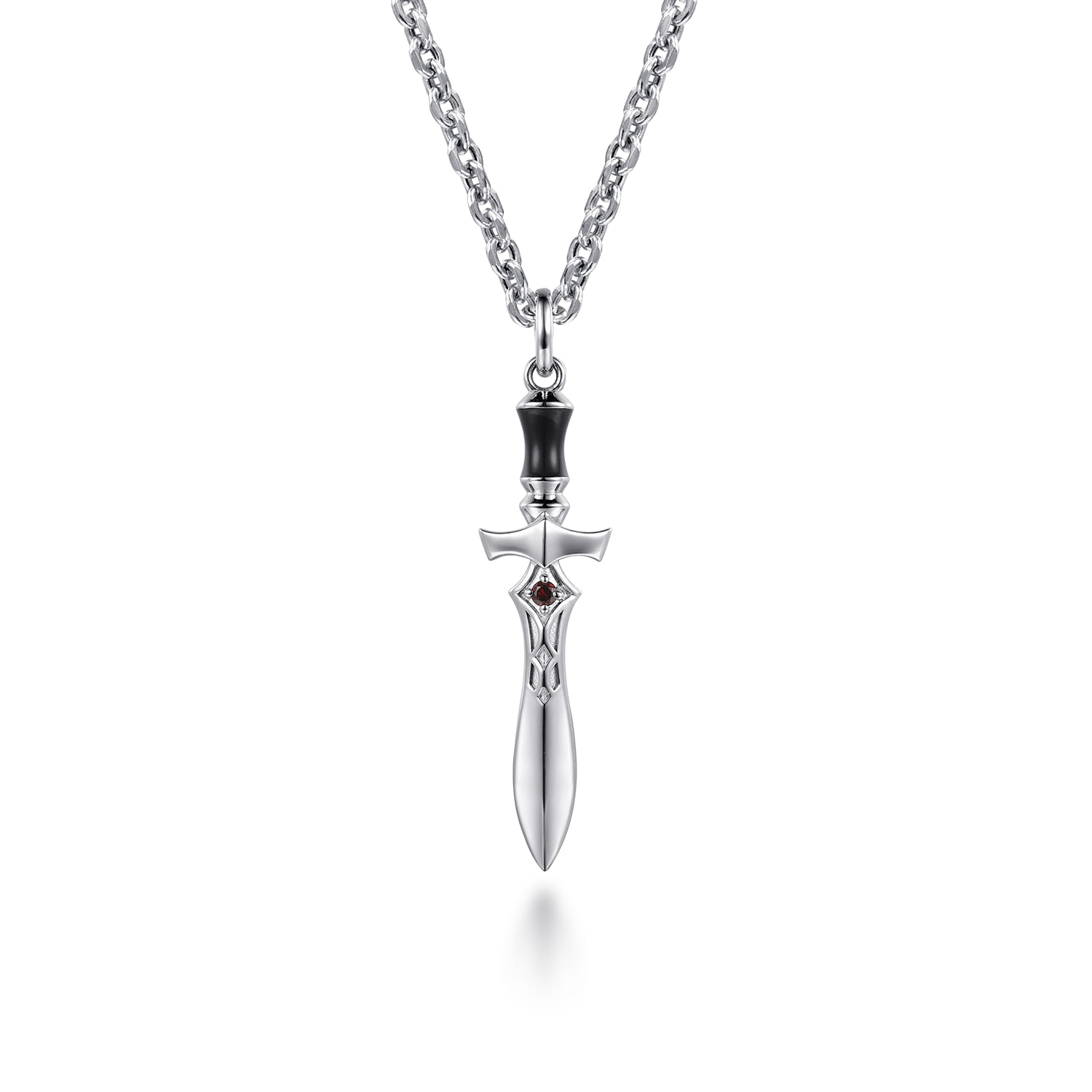 22 Inch 925 Sterling Silver Garnet Dagger Pendant Necklace With Black Enamel - Shot 1