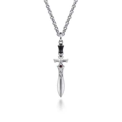 22 Inch 925 Sterling Silver Garnet Dagger Pendant Necklace With Black Enamel