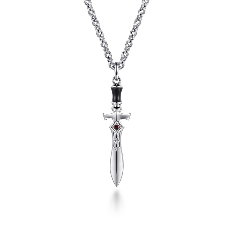 22 Inch 925 Sterling Silver Garnet Dagger Pendant Necklace With Black Enamel - Shot 1