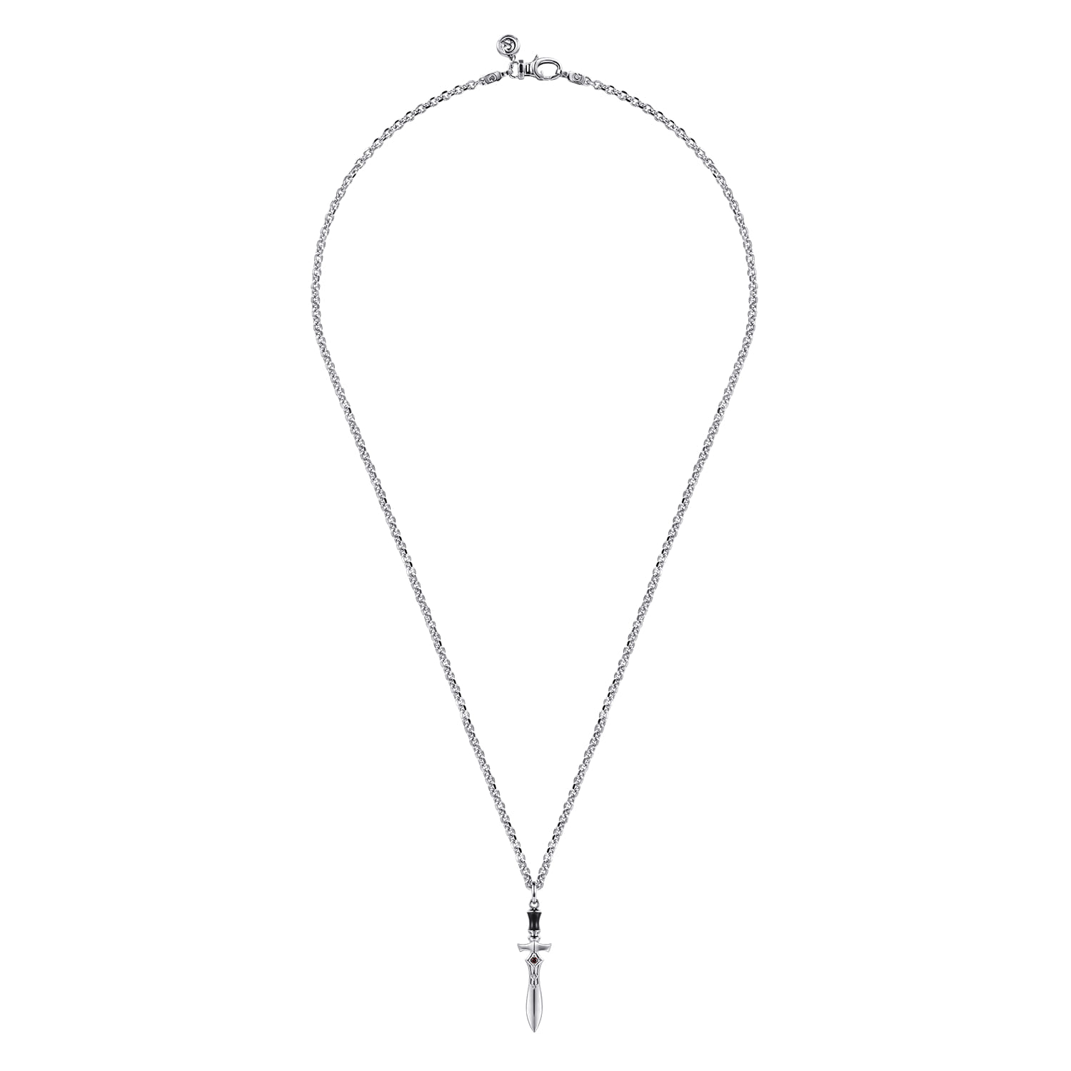 22 Inch 925 Sterling Silver Garnet Dagger Pendant Necklace With Black Enamel - Shot 3