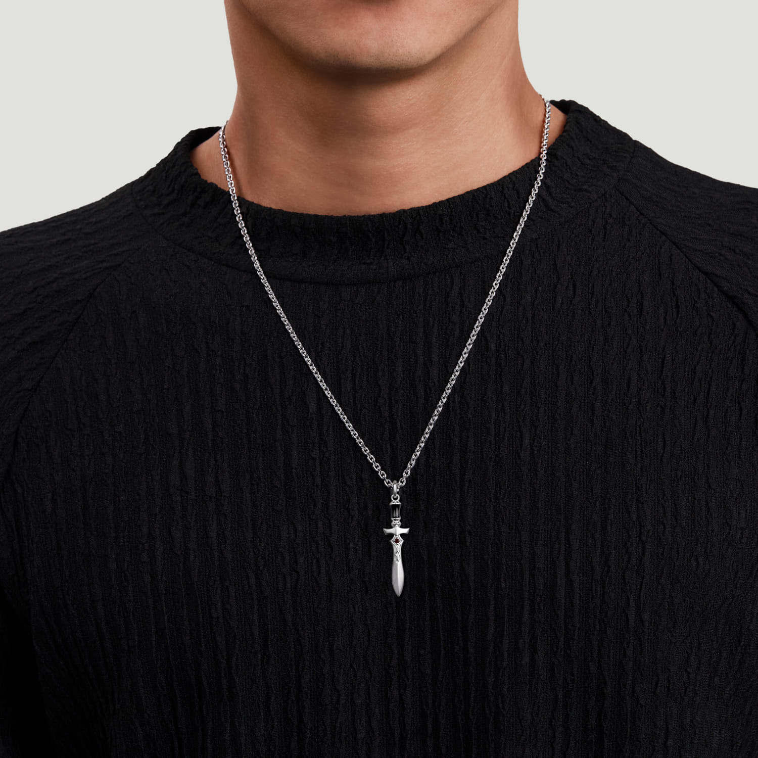 22 Inch 925 Sterling Silver Garnet Dagger Pendant Necklace With Black Enamel - Shot 4