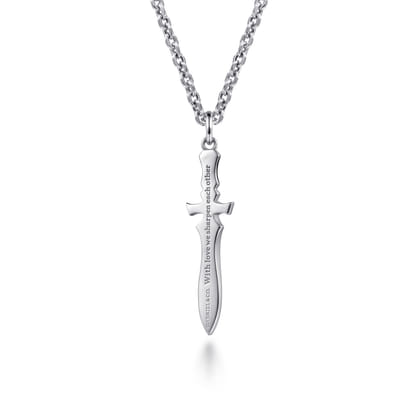 22 Inch 925 Sterling Silver Garnet Dagger Pendant Necklace with Black Enamel