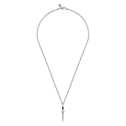 22 Inch 925 Sterling Silver Garnet Dagger Pendant Necklace with Black Enamel