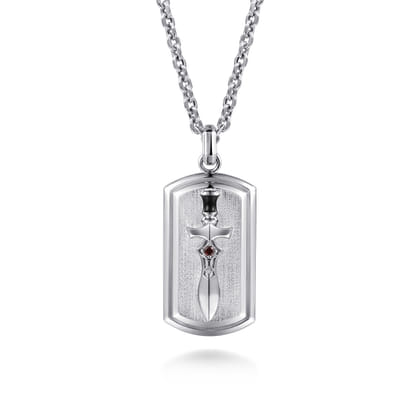 22 Inch 925 Sterling Silver Garnet Dog Tag Pendant Necklace With Dagger