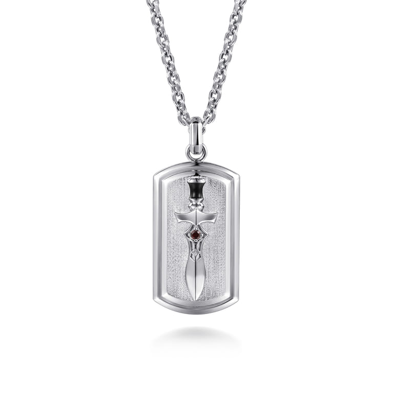 22 Inch 925 Sterling Silver Garnet Dog Tag Pendant Necklace With Dagger - Shot 1