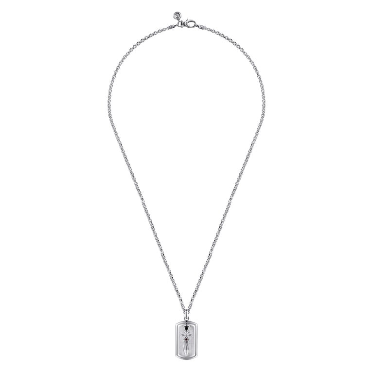22 Inch 925 Sterling Silver Garnet Dog Tag Pendant Necklace With Dagger - Shot 3