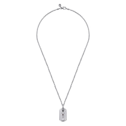 22 Inch 925 Sterling Silver Garnet Dog Tag Pendant Necklace with Dagger