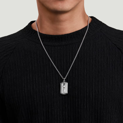 22 Inch 925 Sterling Silver Garnet Dog Tag Pendant Necklace with Dagger