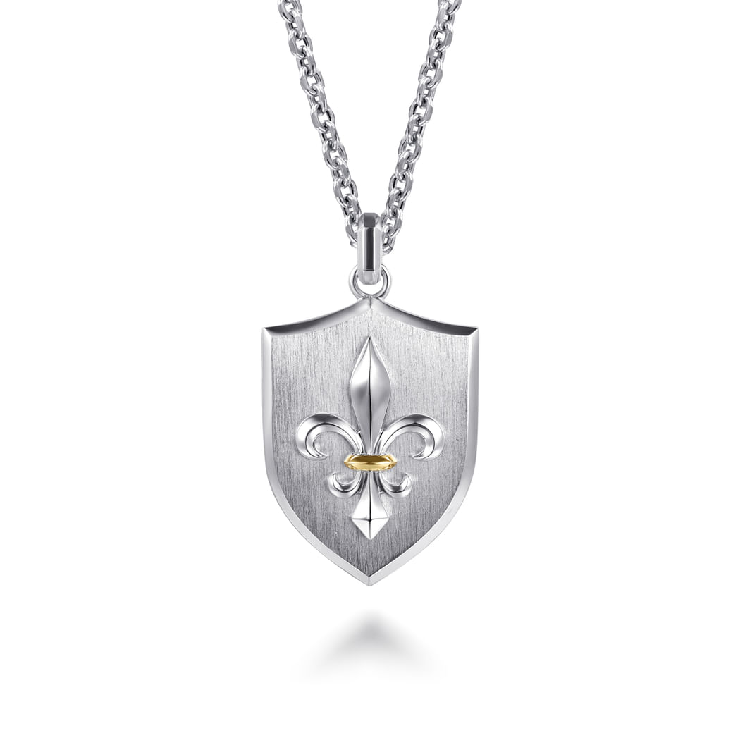 22 Inch 925 Sterling Silver Gold Fleur De Lis Dog Tag Pendant