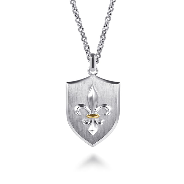 22 Inch 925 Sterling Silver Gold Fleur De Lis Dog Tag Pendant