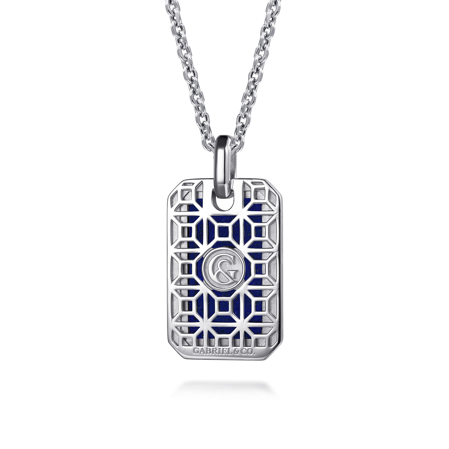 22 Inch 925 Sterling Silver Lapis Dog Tag Pendant Necklace - Shot 2