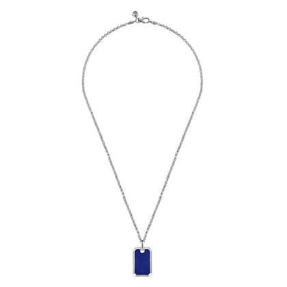 22 Inch 925 Sterling Silver Lapis Dog Tag Pendant Necklace