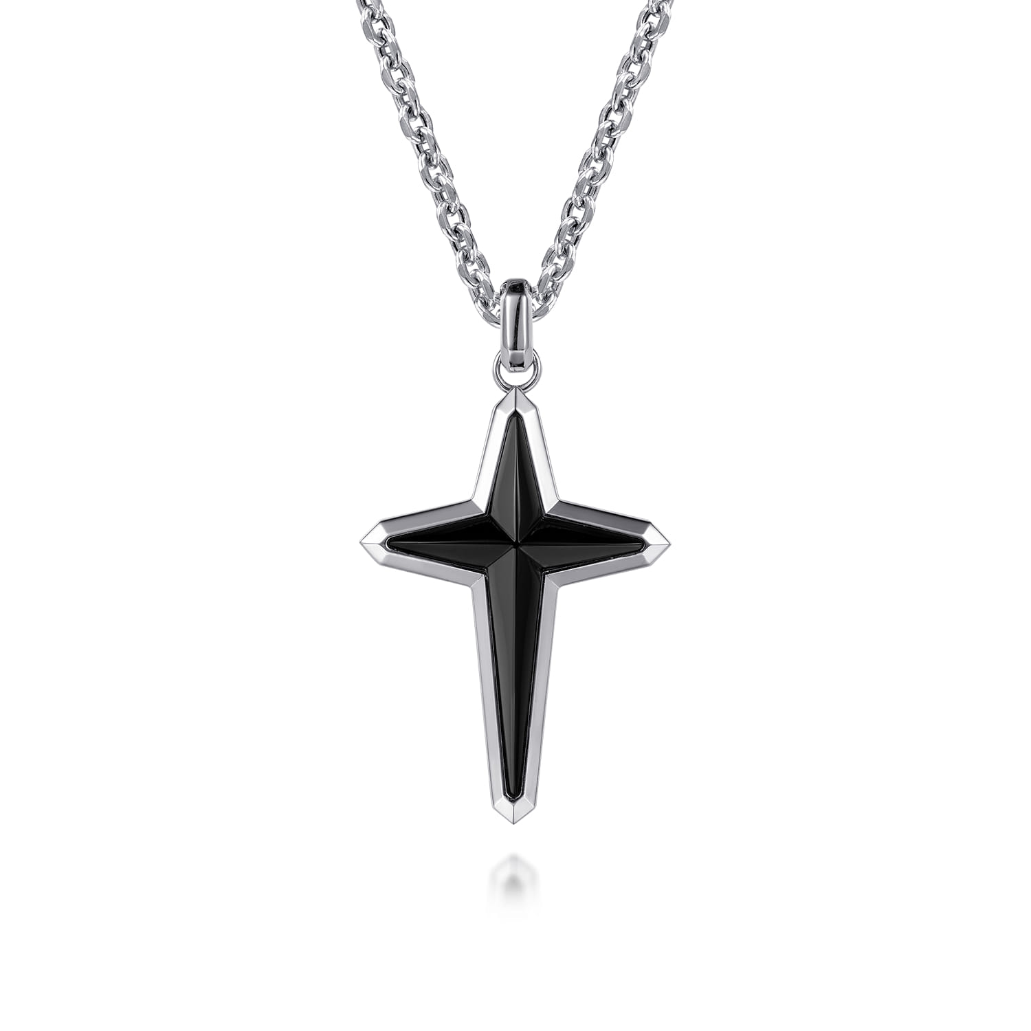 22 Inch 925 Sterling Silver Onyx Cross Pendant Necklace - Shot 1
