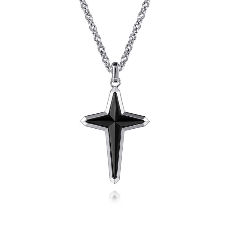 22 Inch 925 Sterling Silver Onyx Cross Pendant Necklace - Shot 1