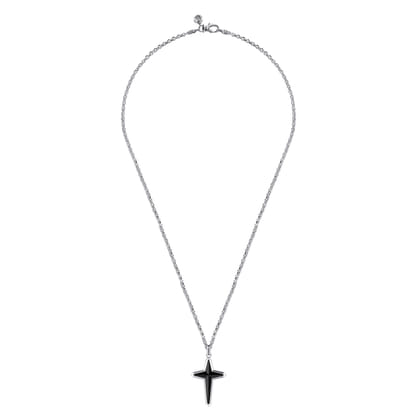 22 Inch 925 Sterling Silver Onyx Cross Pendant Necklace